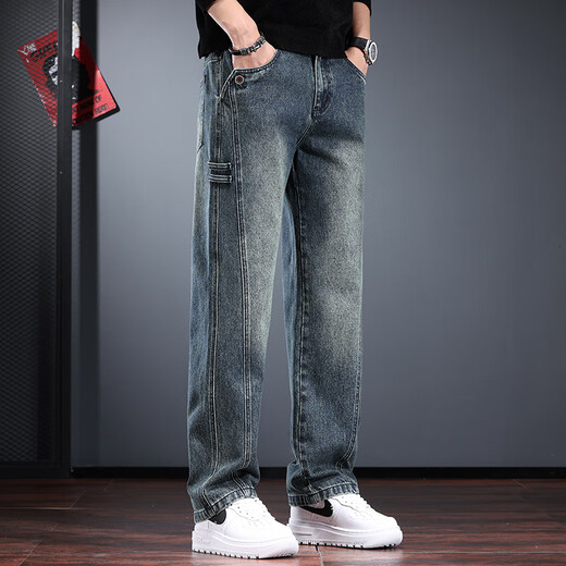 后琤美式复古男士牛仔裤秋冬款宽松直筒长裤高街水洗做旧工装裤痞帅潮 怀旧蓝 XL （150-170斤）