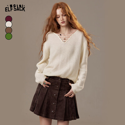 Fairy's pocket v-neck lazy style soft waxy sweater for women 25 autumn and winter new style loose slimming high-end sheep wool berry rose purple M