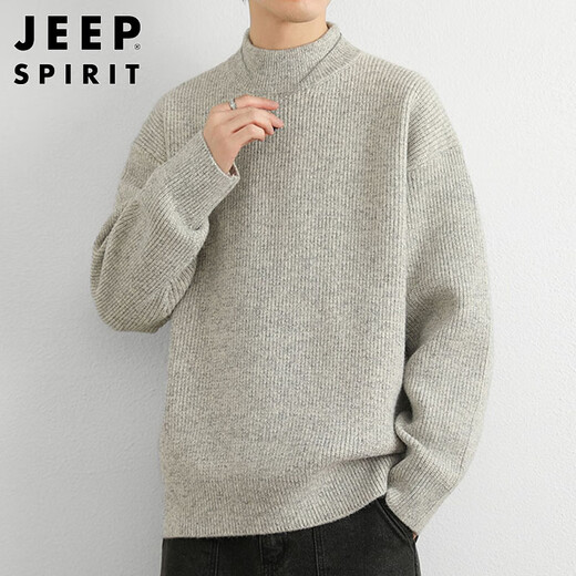 JEEP SPIRIT Jeep half-turtleneck sweater for men in autumn and winter trendy brand sweater for men with loose inner sweater, light gray XL