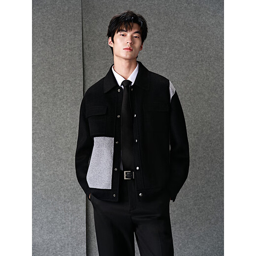 GXG Men's Classic Wool Contrast Check Pattern Short Coat Jacket Black 175/L