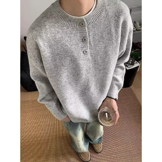 Porphyry Gray Henley Neck Long Sleeve Sweater Men's 2025 Winter Korean Button Round Neck Warm Sweater Men's Dark Gray XL