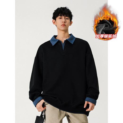 Extraordinary heavyweight thickened silver fox velvet spliced fake two-piece lapel Henry collar sweatshirt for men in autumn and winter large size loose bottoming shirt black plus velvet M