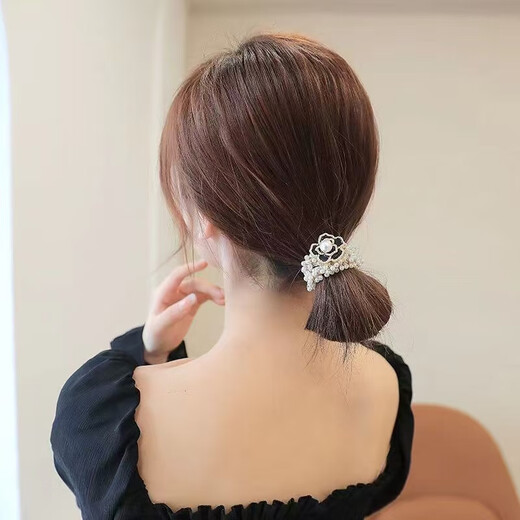 French high-end camellia pearl hair tie, Korean high-end ponytail hair tie, heavy industry light luxury hair accessory, pearl camellia, black 1 piece