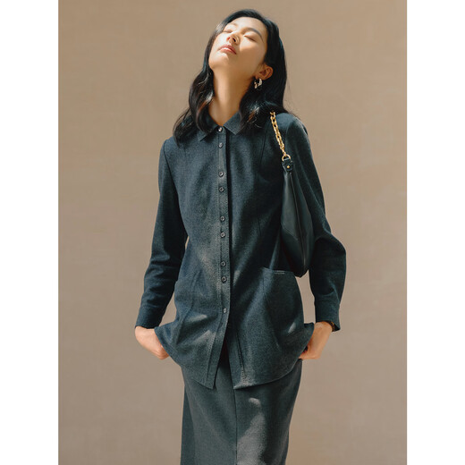 JUZUI Shopping Mall Same Style Zhimei Workplace Commuting Wool Shirt Women 2024 Winter Model JWED60108 Dark Gray L