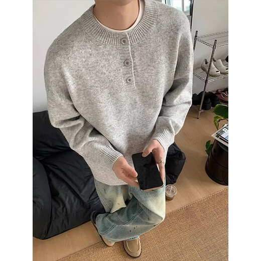 Cantu American Henry collar sweater for men in autumn and winter, high-end lazy style bottoming sweater cleanfit inner top, light gray XL