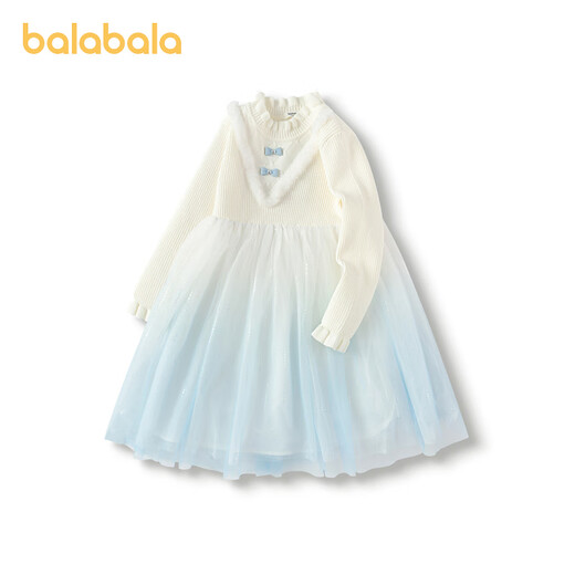 Balabala Children's Clothes Children's Dress Girls Autumn and Winter Princess Dress Gradient Mesh Skirt Knitted Splicing Western Style White and Blue Tone 00318 100