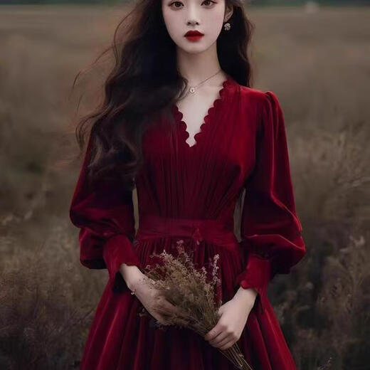 Xinyoujie 2025 velvet long-sleeved French high-end dress female bride wedding toast dress 2026 burgundy S