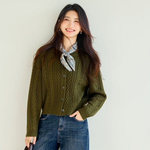 Eveli (eifini) Jiang Xin endorses Eveli round neck twist solid color thick wool knitted cardigan 25 winter new retro versatile dark green S