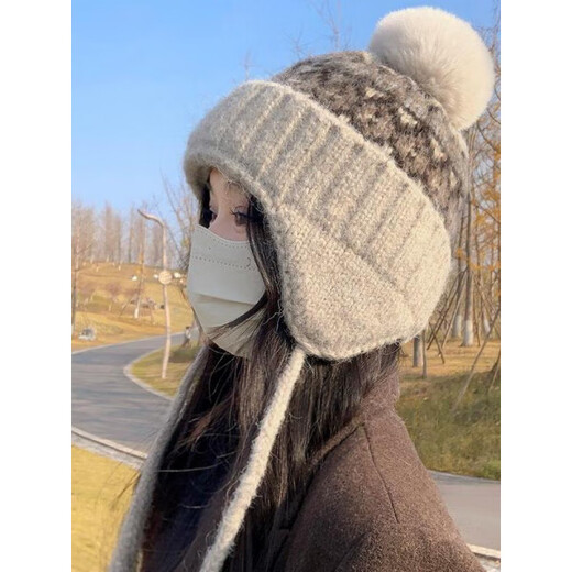 SOMUBAY (SOMUBAY) Fair Isle hat for women, thickened and warm, autumn and winter ear protection hat, wool ball knitted woolen hat, cycling anti-cold Lei Feng hat, beige M (54-60cm)
