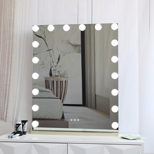 Large Square Makeup Mirror with Bulb Desktop LED Lamp Desktop Bedroom Makeup Mirror Internet Celebrity Smart Charging Vertical Style Gold 55*70+Socket+Bluetooth Speaker