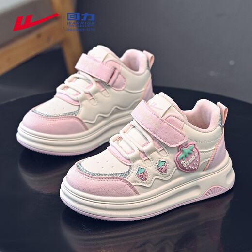 Warrior Girls Strawberry Princess Shoes Velcro Velvet Sports Sneakers Winter Cotton Shoes WZ-C159L Rice/Pink 31