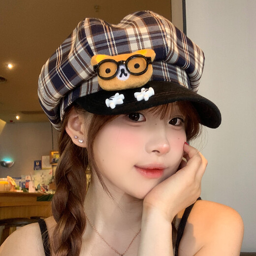 Tuzun Cute Cartoon Glasses Bear Plaid Octagonal Beret Women's Versatile Big Head Circumference Showing Face Little Duck Tongue Painter Hat Plaid Bear One Size