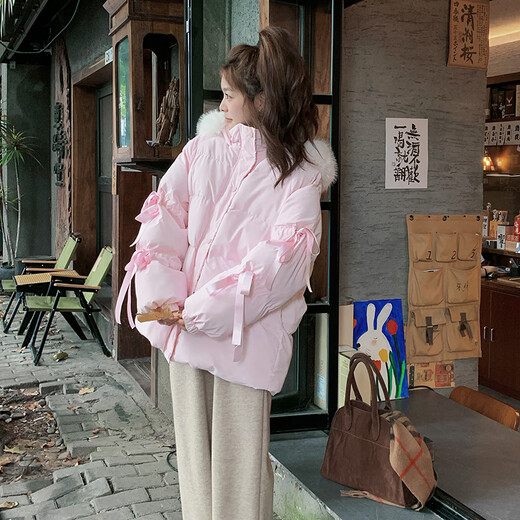 Big fur collar short pink ribbon down jacket for women winter 2025 new design small white duck down jacket yellow collection add purchase priority delivery XL genuine free shipping insurance one size