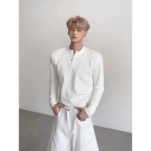 Xinghelai White Henley Collar Right Shoulder Heavy Long Sleeve T-Shirt Men's Handsome Bottoming Shirt Yuppi American Style White L 110-130Jin Jin is equal to 0.5 kg