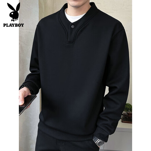Playboy (PLAYBOY) Henry collar sweatshirt men's spring and autumn 2025 new small shirt stand-up collar top long-sleeved T-shirt men's bottoming shirt black M (about 90~115Jin Jin equals 0.5kg can be worn)