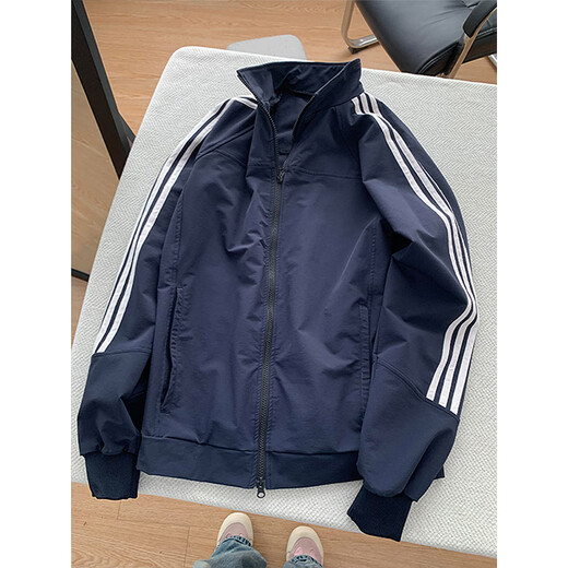 Cantu Three Stripes Jacket Jacket Men's Autumn and Winter Baseball Uniform American Stand Collar Design Loose Trendy Cotton Tops Navy Blue Regular Spring and Autumn Jacket L Recommended 100Jin Jin is equal to 0.5kg to 120Jin Jin is equal to 0.5kg