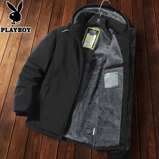 Playboy (PLAYBOY) Winter Windproof Jacket Men's Hooded Cotton Jacket Cotton Jacket Plus Velvet Thickened Warm Winter Men's Jacket Black