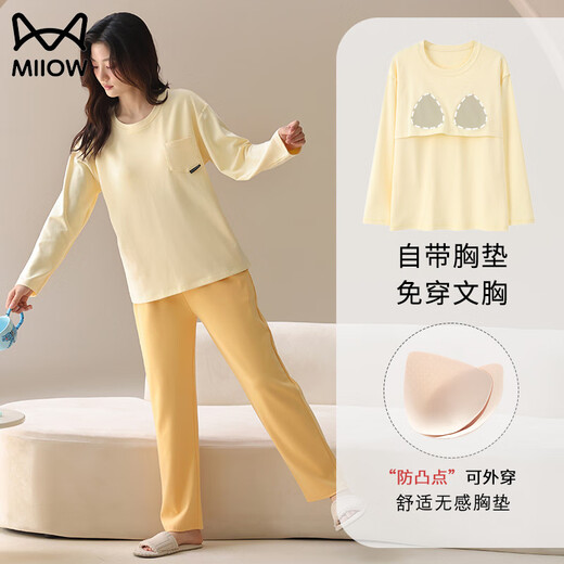 MiiOW Pure Cotton Pajamas Men's Spring and Autumn Long Sleeve Four Seasons Women's Autumn Style With Breast Pad Can Be Weared Out Full Cotton Home Clothes Set CKE-W5179A No Breast Pad M
