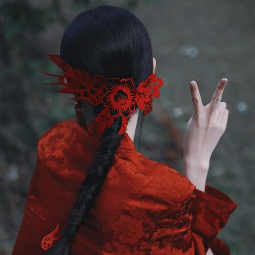 QBILY bridal paper-cut creative new Chinese style hairpin red magpie flower hair accessories national style cheongsam dressing gown accessories red paper-cut + earrings + hairpin