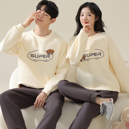 Fenton new winter couple's new thickened pure cotton sandwich warm pajamas three-layer quilted men's and women's home wear set male 998851 female 998852 L female (recommended 100-120 Jin Jin equals 0.5 kg)