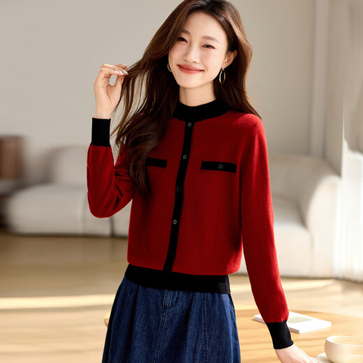 Shexi (Srcr) thick 100% wool sweater, red sweater for women in the year of birth, spring and autumn short style, small fragrance knitted bottoming shirt