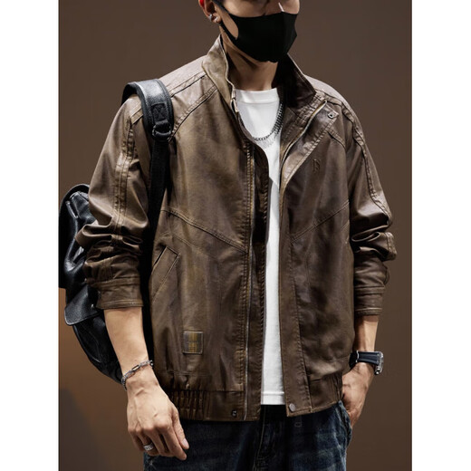 Pure (YISHion) leather jacket for men Maillard retro motorcycle style PU leather jacket for men 2025 spring and autumn new pilot jacket for men J034 coffee color regular M suitable for weight 100-120Jin Jin equals 0.5 kg