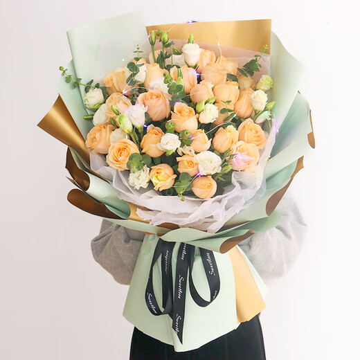 Lingxiang Flower Express Champagne Rose Bouquet Confessing Love to Girlfriend and Wife Birthday Gift Nationwide Delivery 33 Champagne Rose Bouquet Goddess Style