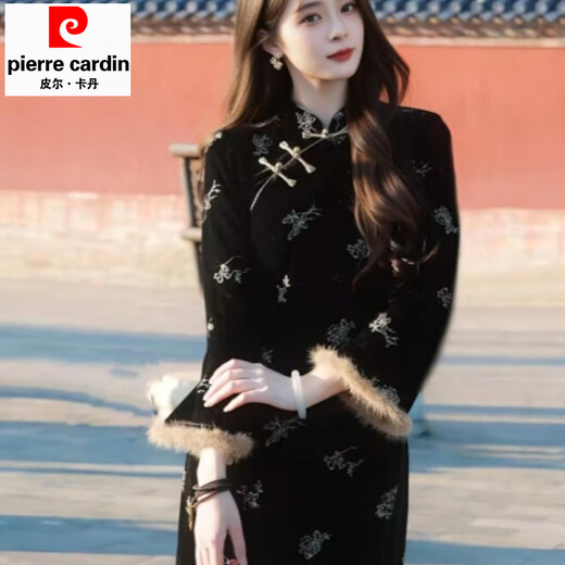 Pierre Cardin (Pierre Cardin) Retro New Chinese Style National Style Black Cheongsam Bronzing Velvet Slim Dress 2025 Autumn and Winter High-end Black M