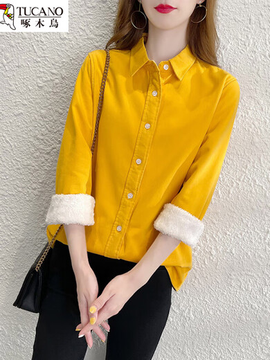 Woodpecker velvet shirt for women 2026 autumn and winter new casual fashion thickened warm and cotton inner with integrated velvet bottoming top blue M