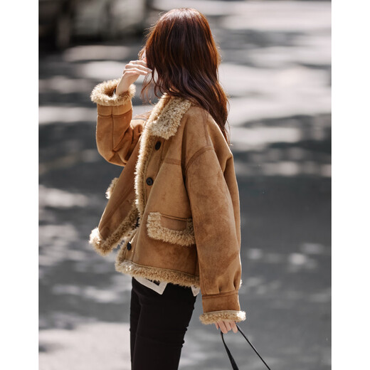 Shangjing Fashion Retro Contrast Color Lapel Short Jacket Women's 2025 Winter New Big Fur Collar Casual Thickened Warm Short Jacket Khaki L