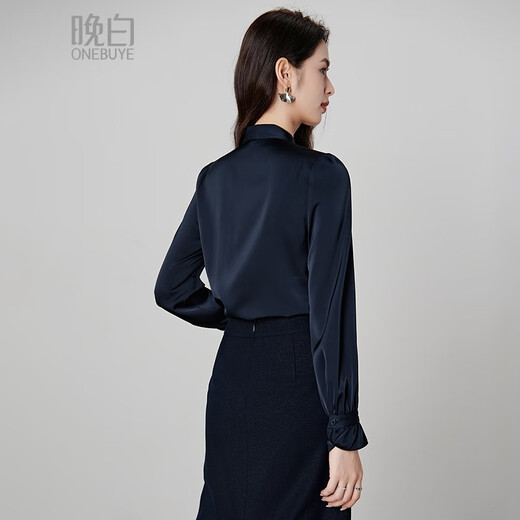 Late White New Product 2025 Autumn Solid Color Bow Tie Collar Top Elegant and Versatile Shirt for Women Dark Blue M