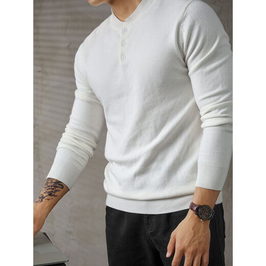 Xiaohongshu's hot style simple luxury white sweater men's fashion henley collar long-sleeved sweater slim fit top white M M95-110Jin Jin equals 0.5 kg