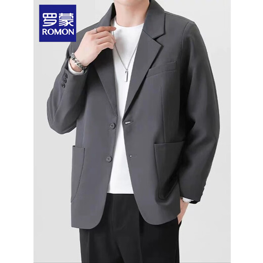 ROMON casual suit jacket men's spring and autumn loose and versatile DK uniform men's high-end handsome light mature style suit black L recommended weight\KG57-66