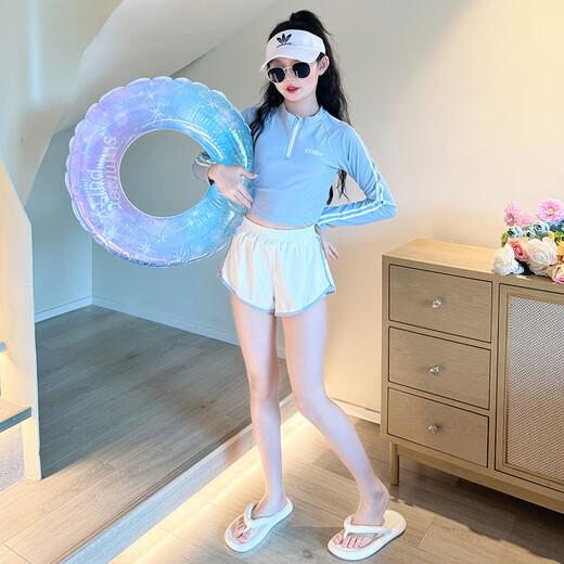 He Jiagong girls' swimsuit with good looks 2025 new style children's Western-style two-piece swimsuit for big children and girls long-sleeved sun protection swimming blue long-sleeved two-piece 120 cm