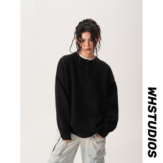 QGF American retro Henry neck sweater for women and men in autumn and winter new cleanfit loose lazy style round neck sweater dark gray XL recommended 125-145Jin Jin equals 0.5 kg