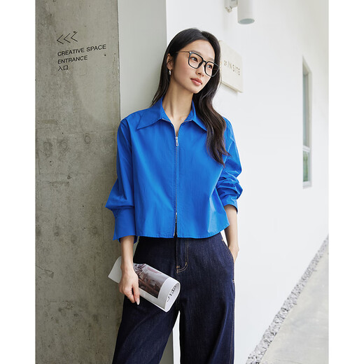 Fanciman long-sleeved lapel shirt women's autumn new high-end shirt pure cotton top Klein blue S