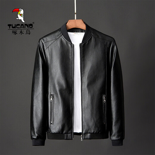 Woodpecker Jacket Men's Jacket Autumn and Winter New Casual Trend Fashionable Stand Collar Motorcycle Leather Jacket Versatile Slim and Handsome Black XL