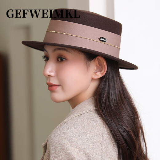 GEFWEIMKL Merino Wool Top Hat Feminine Style Socialite Spring and Autumn New Elegant and Versatile Hepburn Style Fashion Flat Top Hat Camel