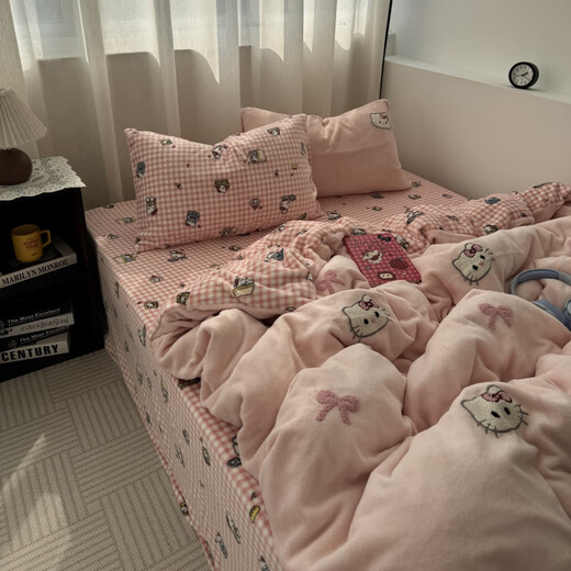Mercury series girly heart pink Kt cat towel embroidered thickened milk velvet four-piece set autumn and winter warm coral velvet 1.5m three-piece set Sweet Kitten - light pink cute towel embroidered milk velvet 0.9m bed sheet style three-piece set/quilt cover 150*200cm