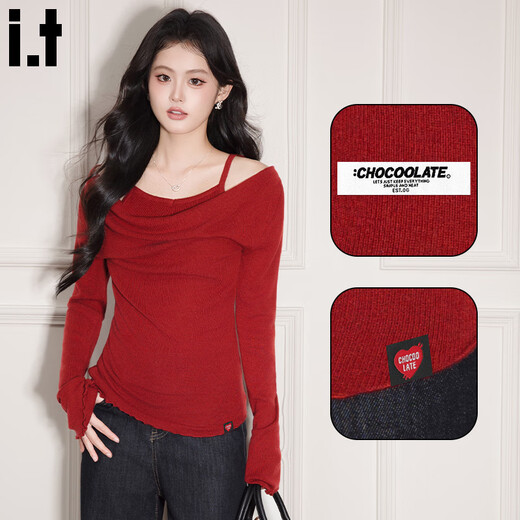 CHOCOOLATE it women's sweater women's sweet and spicy style halter neck off-shoulder sweater women's winter pleated waist bottoming shirt top pink one size