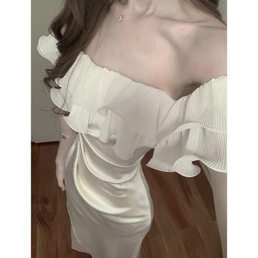 Vnxifm French one-shoulder dress, women's sexy engagement dress, certificate wear, ruffled satin hip-hugging long skirt, off-white L