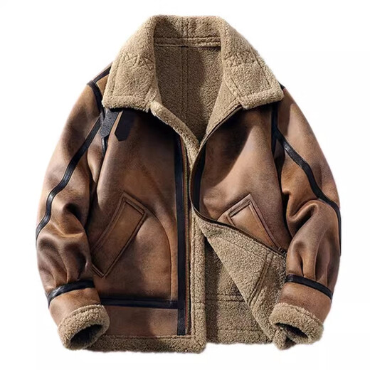 Falling retro flight jacket men's fur one-piece suede lambswool jacket thickened large size couple leather jacket trend retro brown 4XL