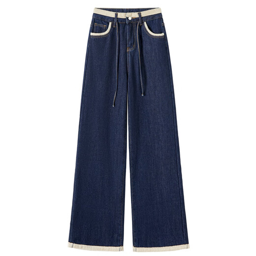 Shechi plus velvet warm jeans women's 2025 winter new drawstring high waist slim casual wide leg pants