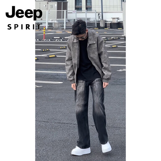 JEEP SPIRIT black and gray leather jacket men's spring and autumn American motorcycle short jacket handsome high-end lapel baseball uniform gray M