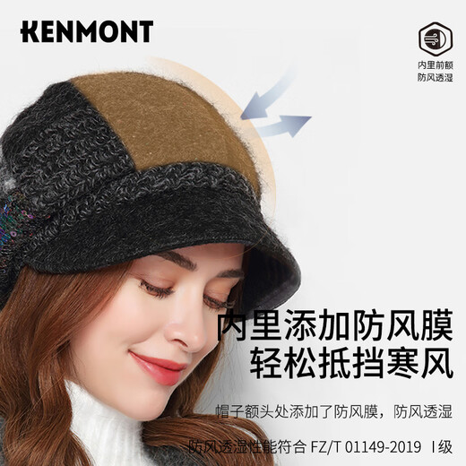 Kenmont forehead wind-resistant woolen patchwork plaid octagonal hat for women winter British autumn beret pile hat face shaping black gray (spliced style, forehead windproof film) M 57.5c (adjustable)