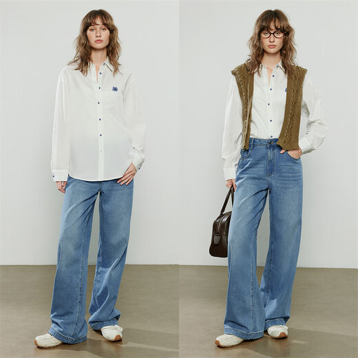 Chuyu European style shirt for women 2025 autumn new cotton loose green velvet embroidered shirt top white M