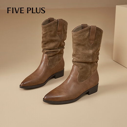
FIVE PLUS thick heel boots for women 2025 autumn new pointed toe Maillard boots pile boots brown western cowboy boots women's boots brown 37