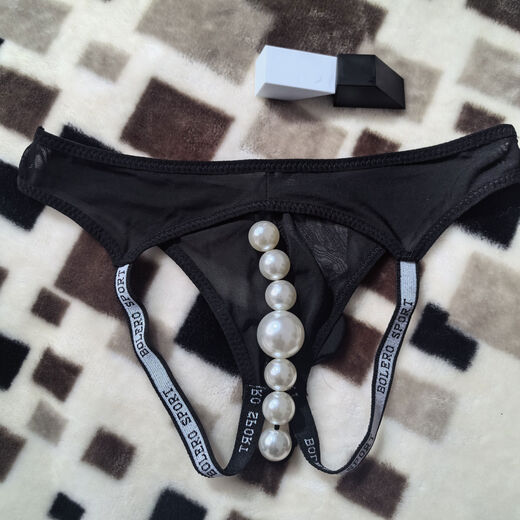 Customized underwear with beads for men, sexy exposed butt mesh, thin 7 large beads, massage back door personalized thong, black, one size fits all