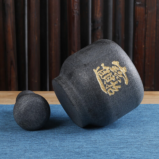 Shijin stone mortar large natural black gold stone garlic pounder old-fashioned stone mortar household grinding and pounding medicine jar peeling garlic and pressing garlic outer diameter 13cm