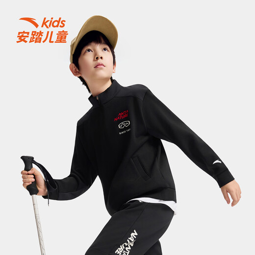 ANTA children's fleece sweatshirt for boys and girls 2025 winter new Chinese ice and snow series knitted pullover basic black-4 fleece 175 cm
